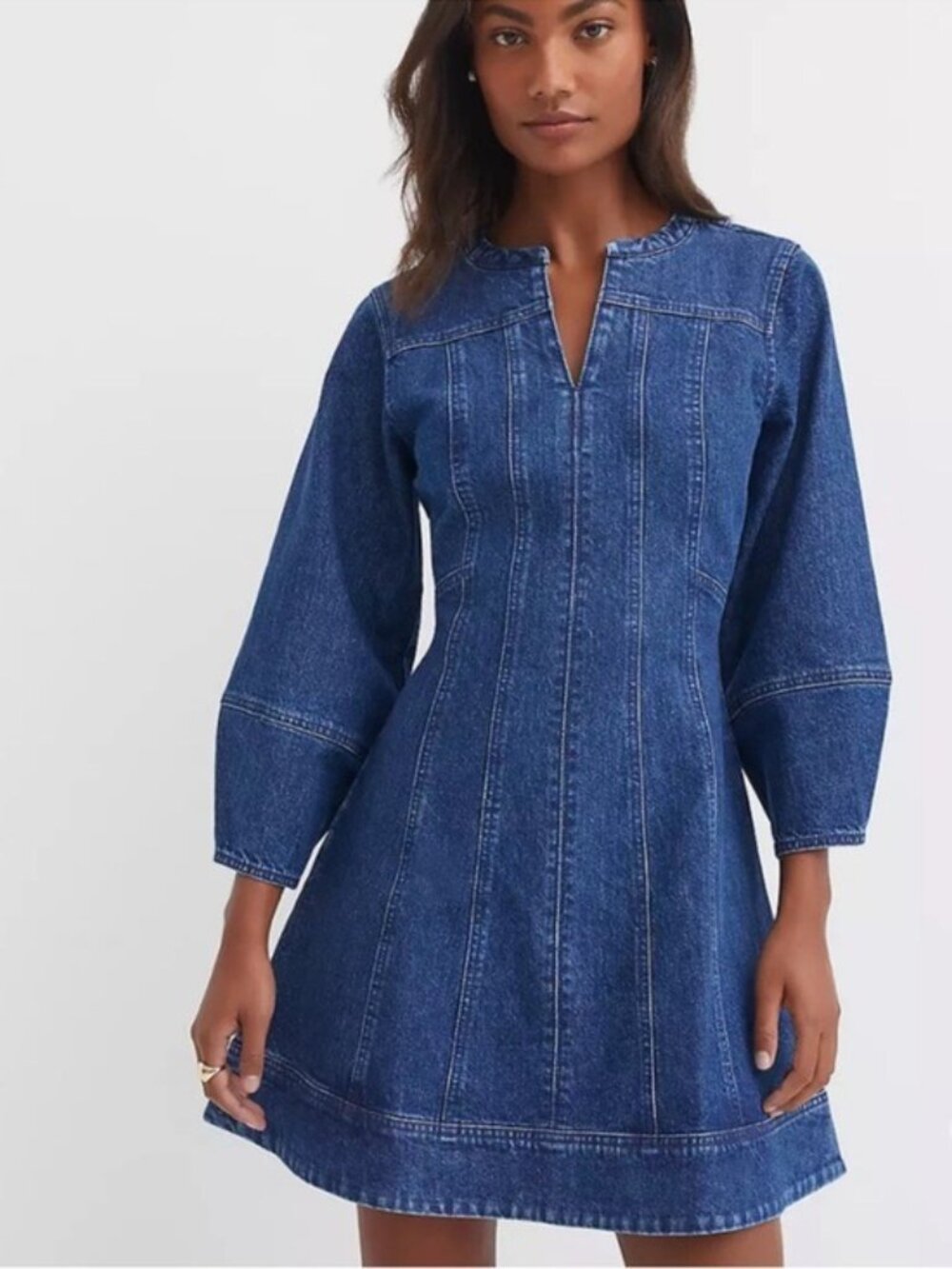 LOFT Denim Mini Dress Size 4 Barrel Sleeve Western Chic Cottagecore - Picture 3 of 12